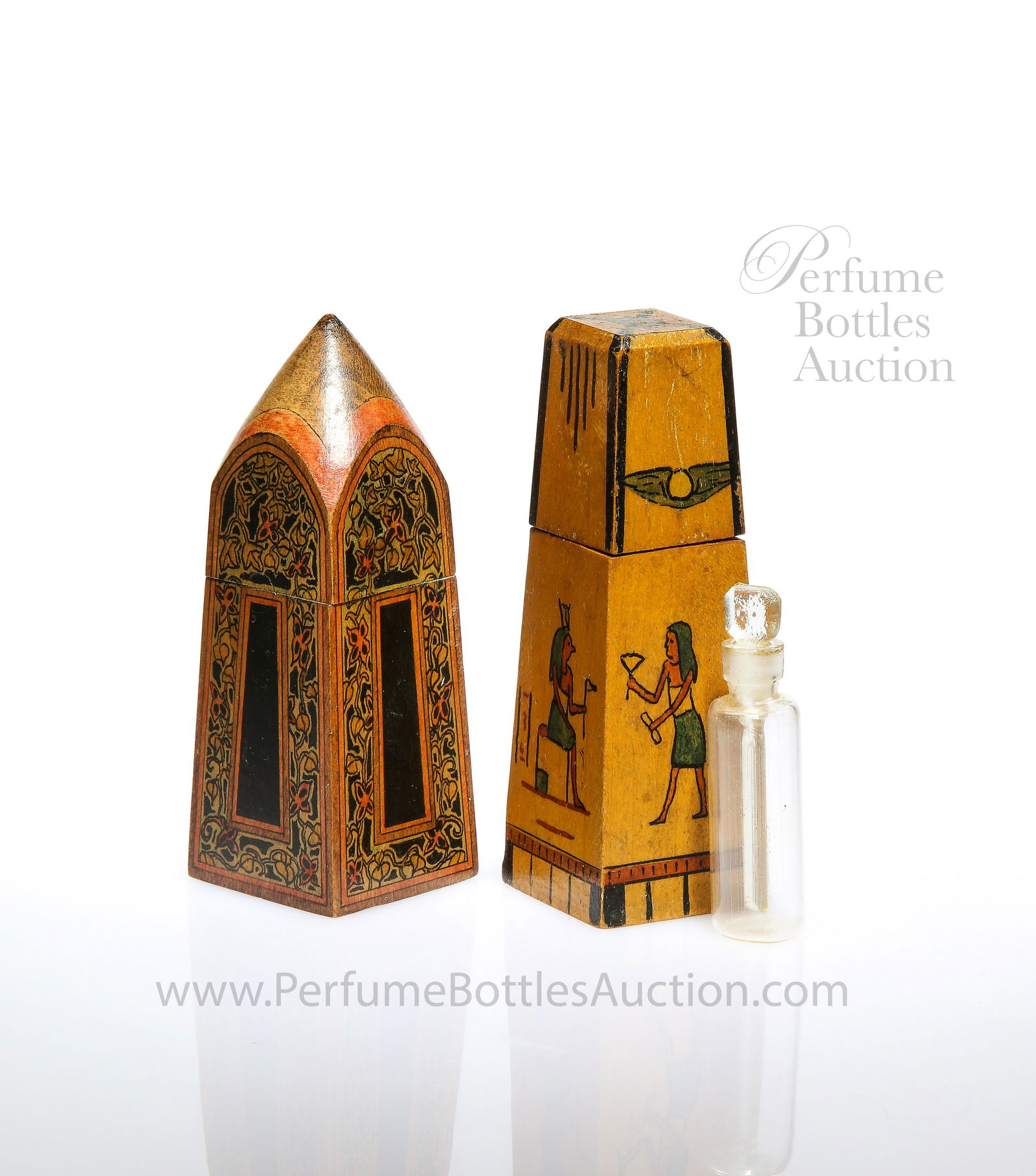 1920s Egyptian obelisk perfume cases w/ vials (1 of 2)