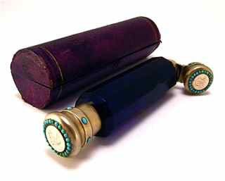 1880s Cobalt Crystal Double End Scent Bottle: 1880s Asser and Sherwin double end scent bottle in cobalt crystal with gilt mounts set with turquoise stones. English retailer and maker marks, in leather box. 5 1/2 in.