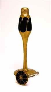 1926 DeVilbiss Black Gold Perfume Bottle: 1926 DeVilbiss perfume bottle, matte black bowl with gold decoration repeated on dauber stopper, on gilt stem, and base. DeVilbiss mark. 7 1/4 in.