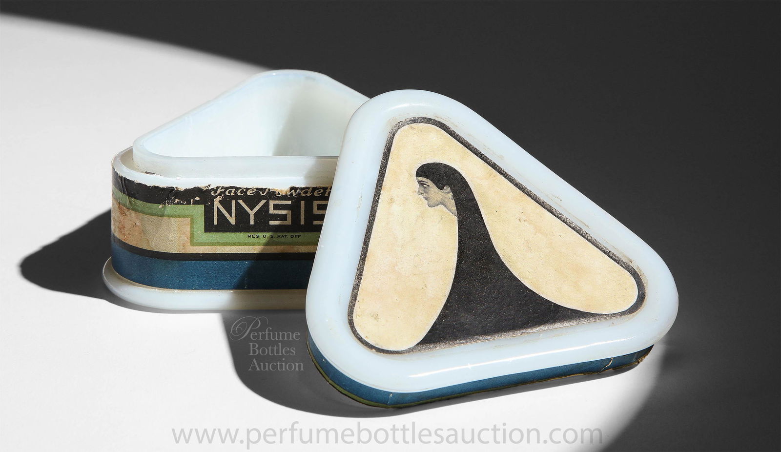 1920s Agra Co. Nysis triangular milk glass powder box (1 of 2)