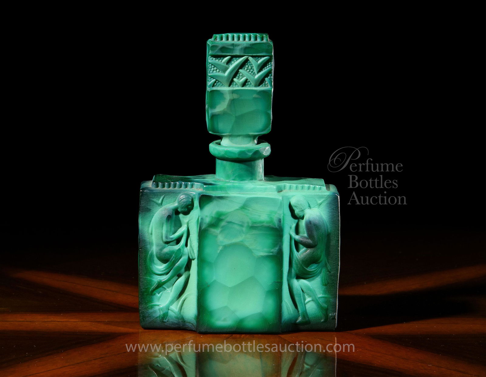 1920s Hoffmann Czech Jade crystal perfume bottle: 1920s Art Deco Czechoslovakian, Heinrich Hoffmann, frosted opaque Jade crystal perfume bottle and stopper, hand carved battuto finish. Hoffmann butterfly mark. 5 1/8 in.