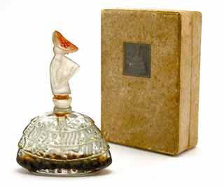 1925 Tre-Jur Suivez-Moi Perfume Bottle: 1925 House of Tre-Jur Suivez-Moi figural perfume bottle, frost glass, spiral dauber, sepia patina, box. 2 1/2 in.