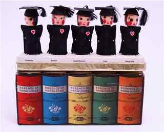 Karoff "Essence of Knowledge" Perfume Bottles: 1940 Karoff "Essence of Knowledge" 5 floral scents, clear glass bottles, painted wood screw caps, paper trim, box. Miss Lilac lost her heart. Box length 8 in.