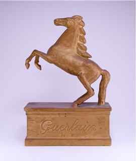 1940s Guerlain Horse Counter Display: 1940s Guerlain counter display, painted composition. After the Marly horse by Coursel, used for Guerlain promotion since 1914. 14 in.