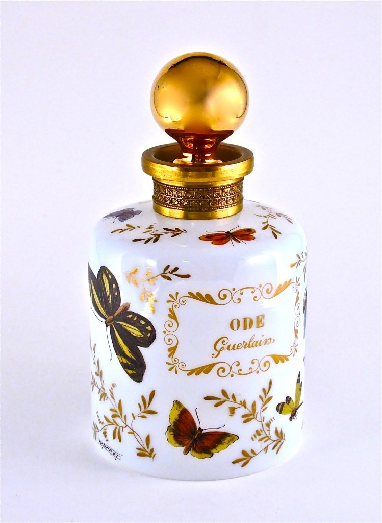 1955 Guerlain Ode Opaline Perfume Bottle: 1955 Guerlain Ode perfume bottle, white opaline crystal, gilt bronze neck mount, hand painted by R. Noirot. 6 1/4 in.