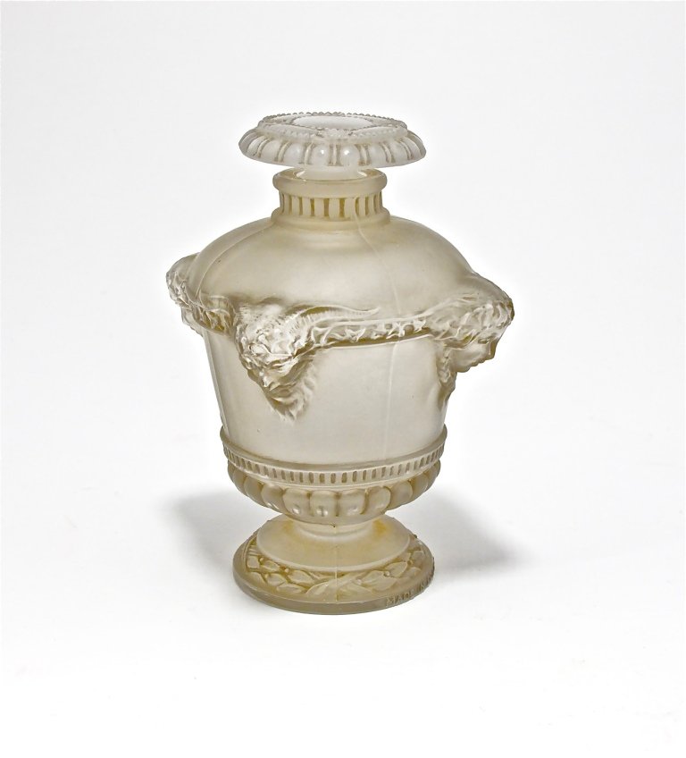 1925 Lalique - Guerlain Perfume Bottle: 1925 R. Lalique, Guerlain Bouquet de Faunes perfume bottle and stopper, clear/frost glass, grey patina. 3 3/4 in.