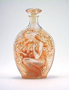 1914 Lalique - Roger & Gallet Flausa Bottle: 1914 R. Lalique, Roger & Gallet Flausa perfume bottle and stopper, clear/frost glass, sepia patina, molded label. Molded Lalique. 4 3/4 in.