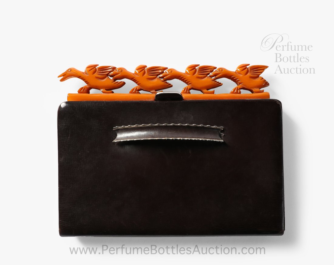 Art Deco Handbag leather body with butterscotch amber bakelite ducks (1 of 2)