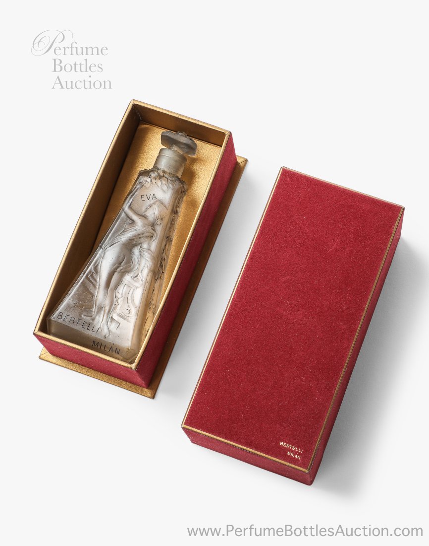 Eva Bertelli by Julien Viard: 1920 Julien Viard design, Depinoix Glassworks perfume bottle for Bertelli Eva, molded front and reverse with a draped nude reaching for roses on the bottle shoulder, roses trail down thesides, relief 