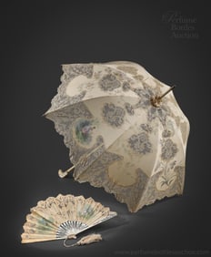 Rare Antique Parasol and Fan in lace, silk, and embroidery; Santiago, Chile Weil & Becker
