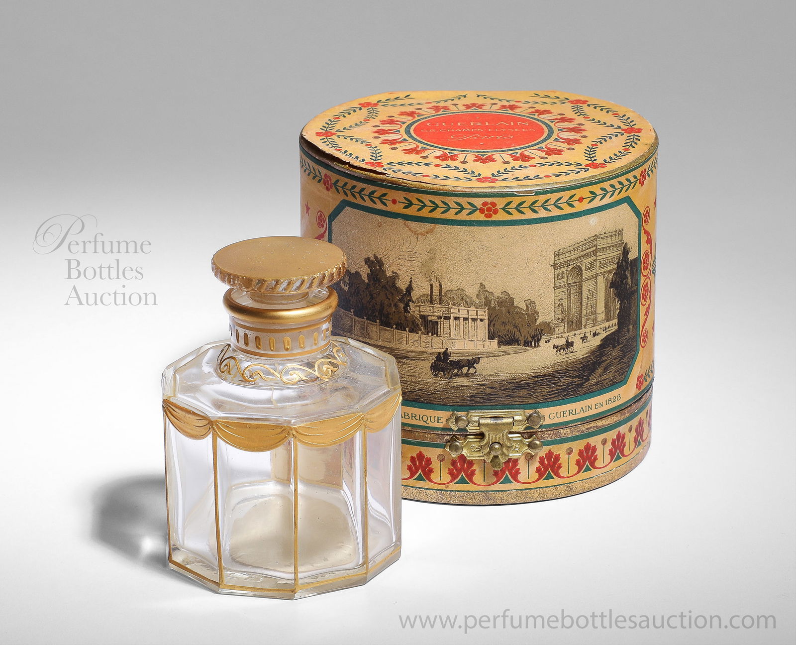 Guerlain perfume bottle 1906 Apres l'Onde by Pochet & du Courval: 1906 Pochet & du Courval Glassworks for Guerlain Apres l’Onde perfume bottle, clear glass, paneled sides, gilt drapery and stopper, large paper base label. Rare box printed with scene of Guerlain fa