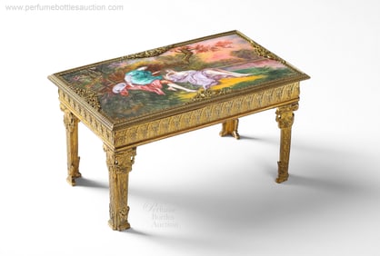 1920’s Austrian gilt bronze vanity table, Czech mini bottle, and French enamel elements by Ganiet