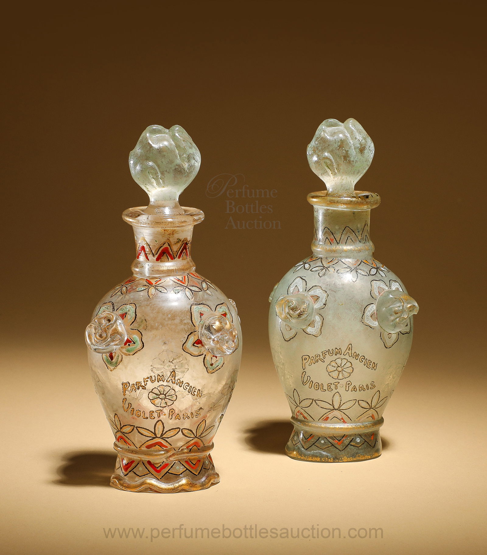 1922 Violet Parfum Ancien in clear glass with applied flower buds (1 of 2)