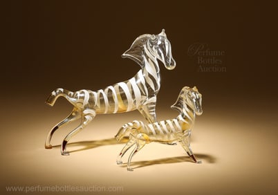 1953 Blown glass Zebra perfume bottles for Sardeau "Suspicion"
