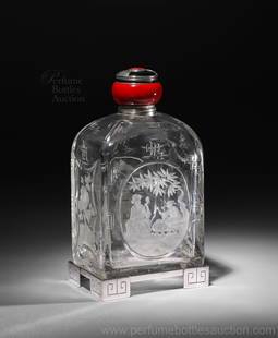 Important Cartier Art Deco Perfume Bottle for the boudoir: Important scale 1920’s Cartier-Paris scent bottle, hand engraved crystal all sides in Asian taste, red and black enamel on silver stopper cover (lacking stopper) silver mark on collar and cap, silve