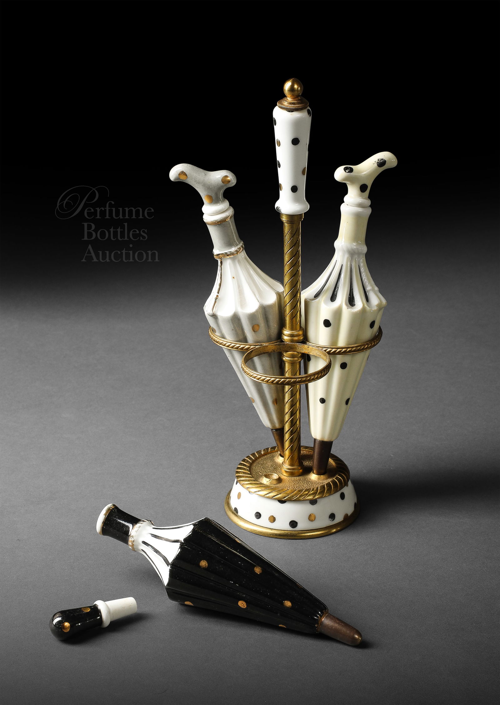 Limoges porcelain Perfume Bottles as umbrellas on a gilt bronze stand (1 of 3)