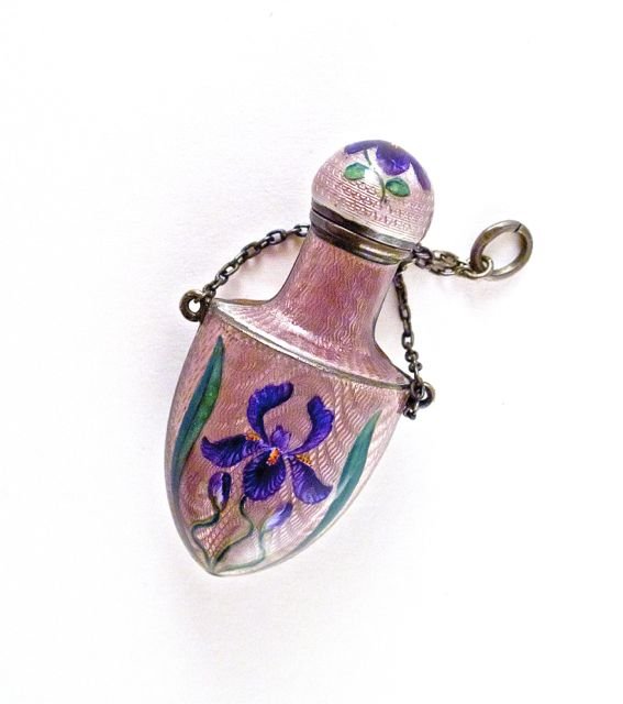 c1900 Art Nouveau chatelaine perfume bottle, screw top,: c1900 Art Nouveau chatelaine perfume bottle, screw top, light purple enamel on machined silver, floral motif. Silver mark. 2 1/8 in.