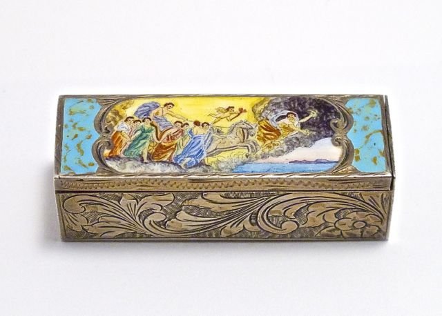 1930s Italian lipstick, enameled silver, pop- up mirror: 1930s Italian lipstick, enameled silver, pop-up mirror. Silver mark and registry marks. After 1621 Guercino fresco,“Aurora,” Rome. 2 1/4 in.