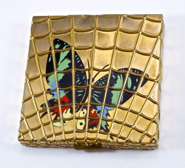1947 Volupte “Caged Butterfly” compact, mirror and puff: 1947 Volupte “Caged Butterfly” compact, mirror and puff unused. Volupte mark. Diam. 2 7/8 in.
