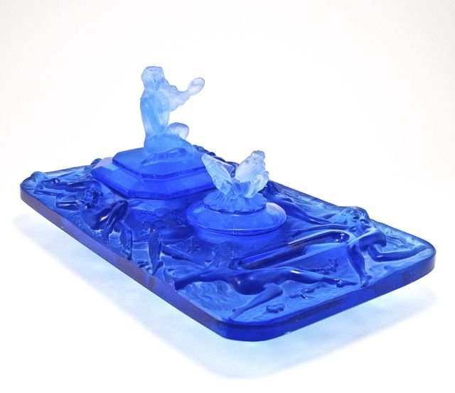 1926 Hoffman-Czechoslovakian vanity tray, blue crystal,: 1926 Hoffman-Czechoslovakian vanity tray, blue crystal, molded nudes, roses, and stars, figural powder and rouge covers, lipstick tray. Length 9 1/4 in.