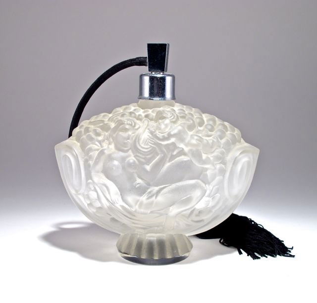 1930s Ingrid-Czechoslovakia, “Siesta” pattern, perfume: 1930s Ingrid-Czechoslovakia, “Siesta” pattern, perfume atomizer, frost crystal, silvered metal hardware. 6 in.