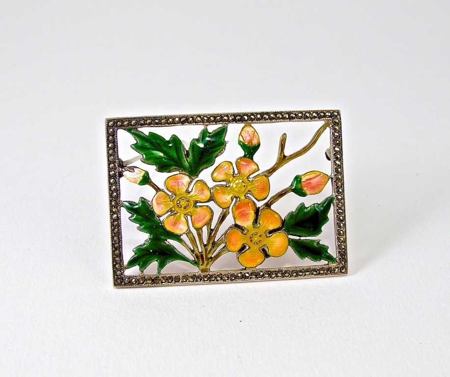 1920s Walter Lampl Enamel Marcasite Scent Brooch: 1920s Scent brooch, enameled silver, marcasite trim, covered section on back holds scented cotton. Sterling and WL (Walter Lampl) mark. 1 1/4 in. x 1 3/4 in.