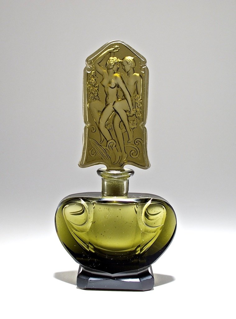 c1930 Ingrid Czech Grey Crystal Perfume Bottle: c1930 Ingrid, Czechoslovakian perfume bottle and intaglio stopper, dark smoky grey crystal, dauber stub. Ingrid MIC mark. 6 1/4 in.