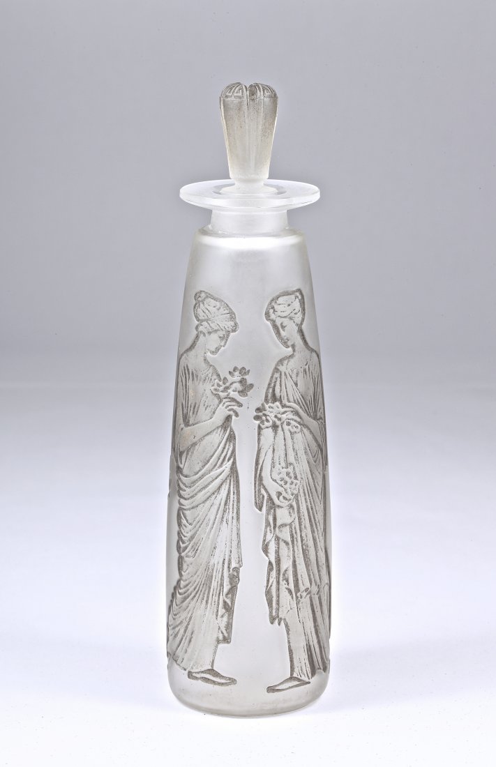 1910 R. Lalique, Coty Ambre Antique perfume bottle: 1910 R. Lalique, Coty Ambre Antique perfume bottle and stopper, frost glass, gray patina. Rare version with molded Lalique signature on bottom rather than side. 5 7/8 in.