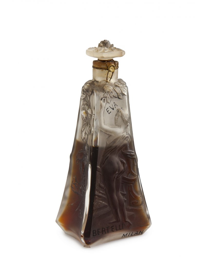 1920 Julien Viard perfume bottle for Bertelli: 1920 Julien Viard for Bertelli Eva, frost glass perfume bottle and stopper, nude maiden on front and back, flowers on sides, grey patina, cord sealed, molded label. 4 3/4 in.