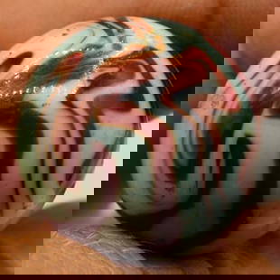 Amazing Large ALLEY Agate Calligraphy Flame SHOOTER Marble: A very large shooter size marble. As made surface mark. Beautiful deep red flames cover this marble on a light seafoam green background. 1930’s era. Rare. Approximately 1&rdquo; Diameter.