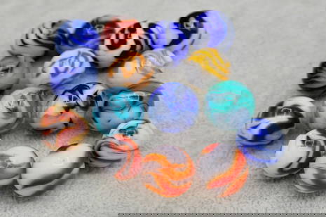 Large Lot of ALLEY Agate Calligraphy Marbles: A Fabulous group of vintage Alley Agate Marbles. Loaded with surface swirls. 1940’s Era. Excellent Condition.