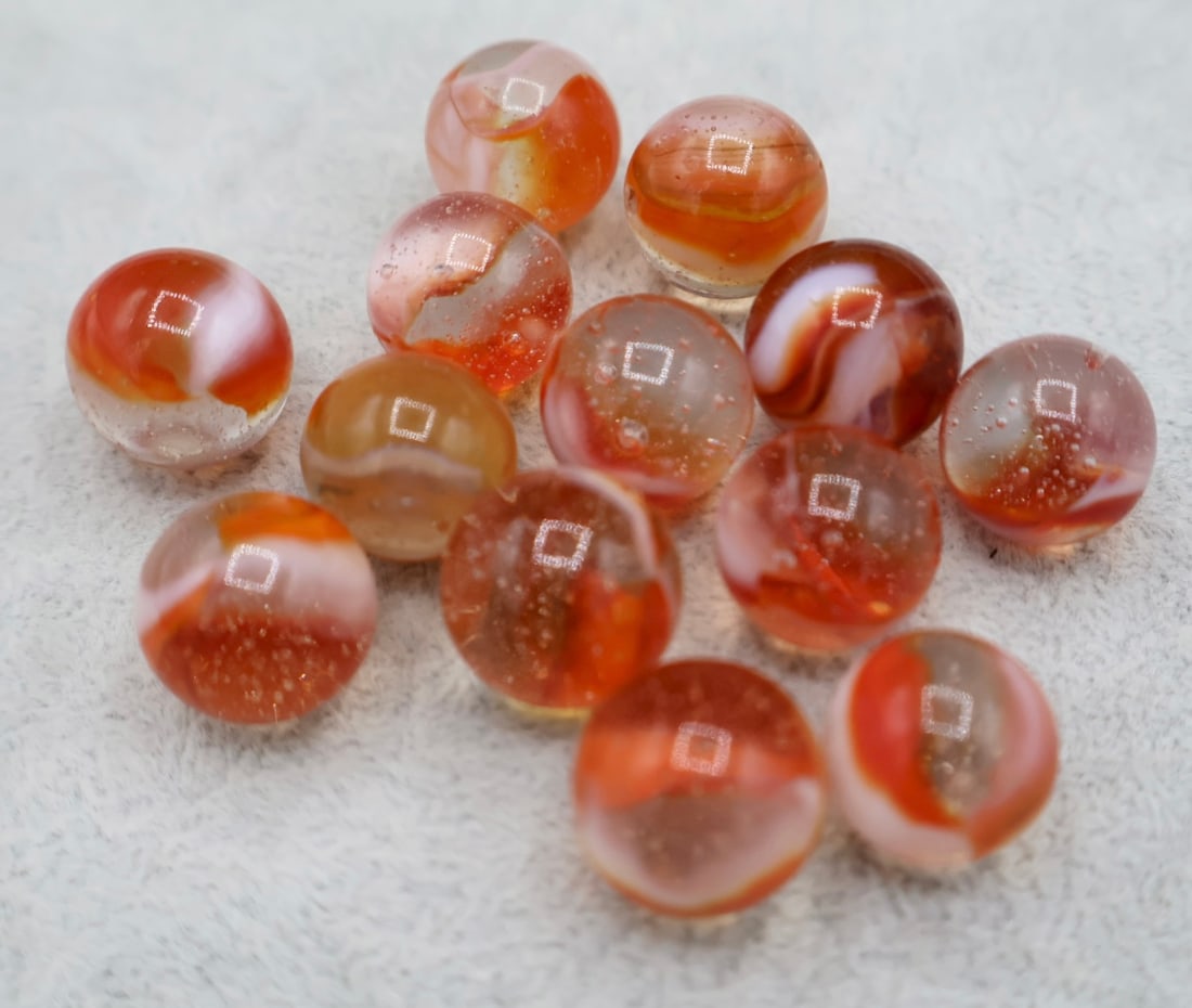 Large Grouping of Peltier Sunset RAINBO Marbles: A very nice grouping of highly colorful Peltier Rainbo Marbles. Excellent Conditions.