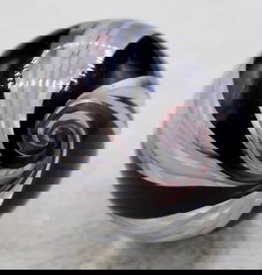 A Large Handmade GIBSON Purple & Clear Latticino Swirl Marble: A beautiful handmade Latticino Swirl Marble. Condition Very Good, a couple flea bites to glass. Measures 1.5” Diameter. Lot 71