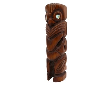 Maori Tiki Wood Carving Inlaid Mother of Pearl