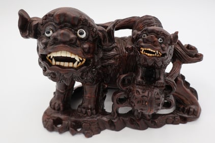 Old Japanese Carved Wood Foo Dog Pair with Porcelain Eyes