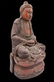 An Antique Carved Chinese Red Lacquerware Wood Buddha