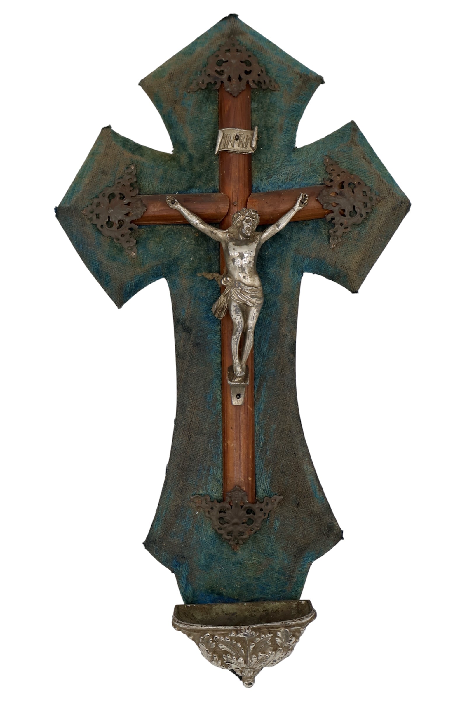 Antique 19th Century Continental Crucifix Holy Water Font: French in origin. Hard to find larger size. The silvered figure of Christ is mounted to a wooden cross and backed to velvet.