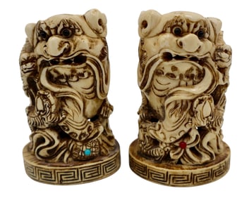 Pair of Antique Carved Chinese Foo Lions