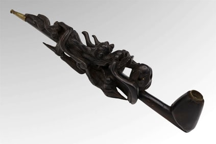 A Carved Chinese Wood Asian Dragon Pipe