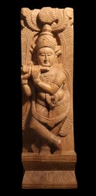 Antique Wood Panel Krishna Playing Flute