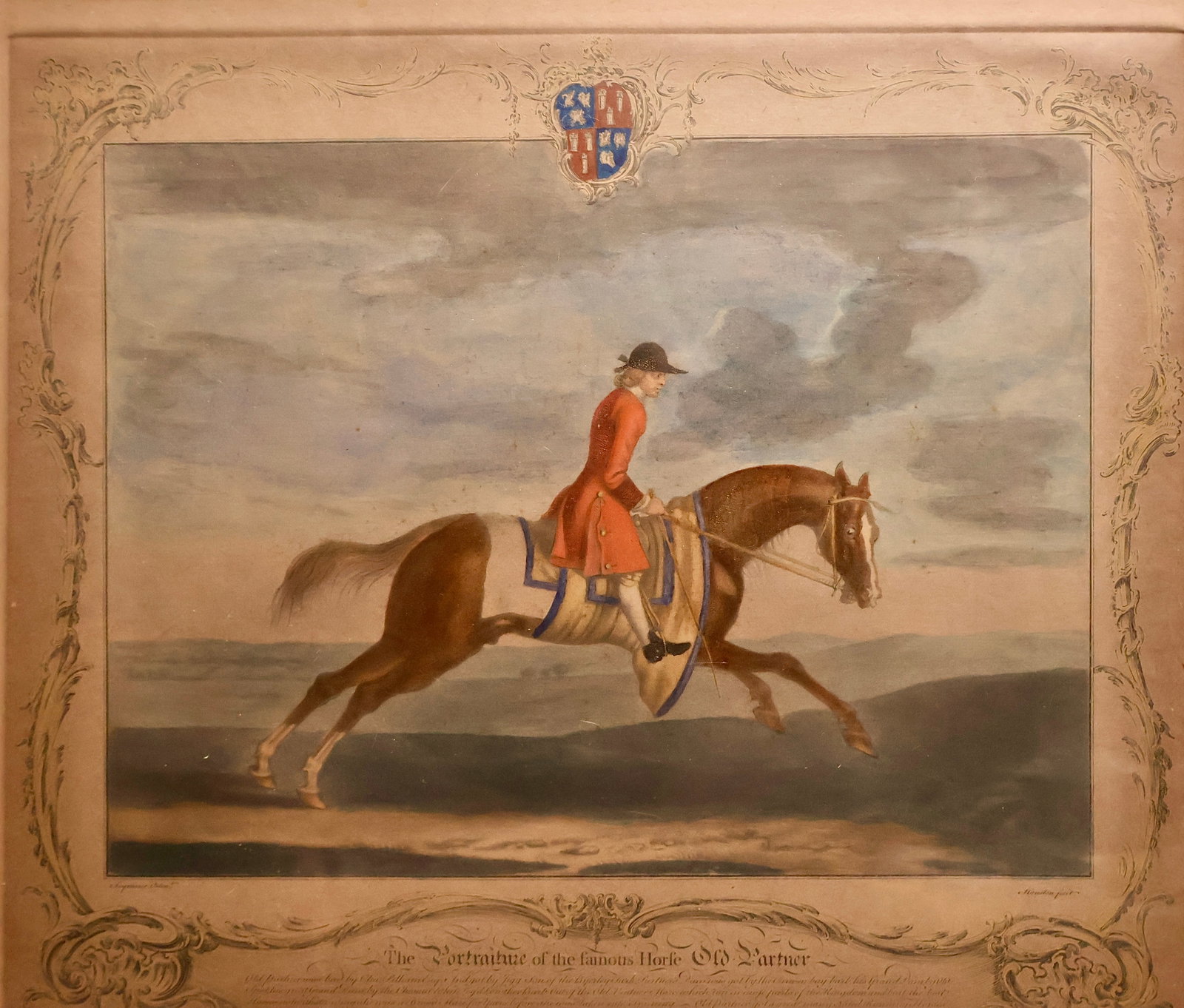 A Mezzotint from the Twelve Portraits of Racehorses: Houston (Richard) 18th century, “The Portrait of the Famous Horse Old Partner”. Mezzotint and engraving with hand coloring. Custom presented in a later wood frame.