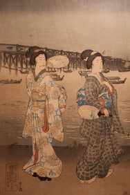 An Antique Japanese Woodblock Print of Geisha Women