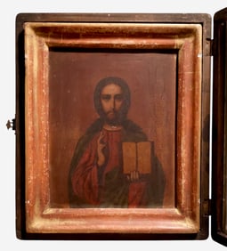 Antique Russian Christ Pantocrater Tempura Icon