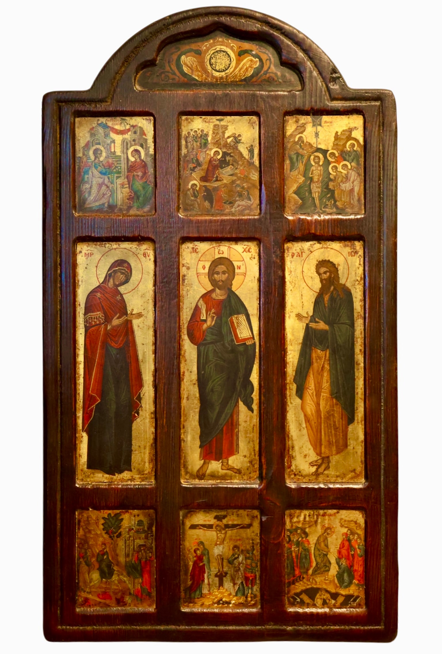A Gold Leaf Orthodox Icon Litho on Wood: 20th century. Russian or Greek in origin. A high quality serigraph with hand applied gold leaf depicting the Saints and Christ. Some details may be hand painted. Mounted on thick wood. Varnished.