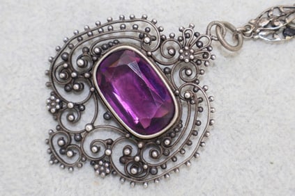 Art Deco Amethyst Glass Sterling Filigree Necklace