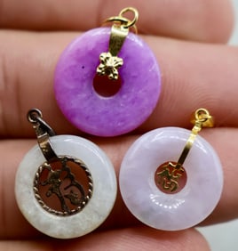 A Grouping of Purple Chinese Gilt Metal Circular Bi Pi Pendants