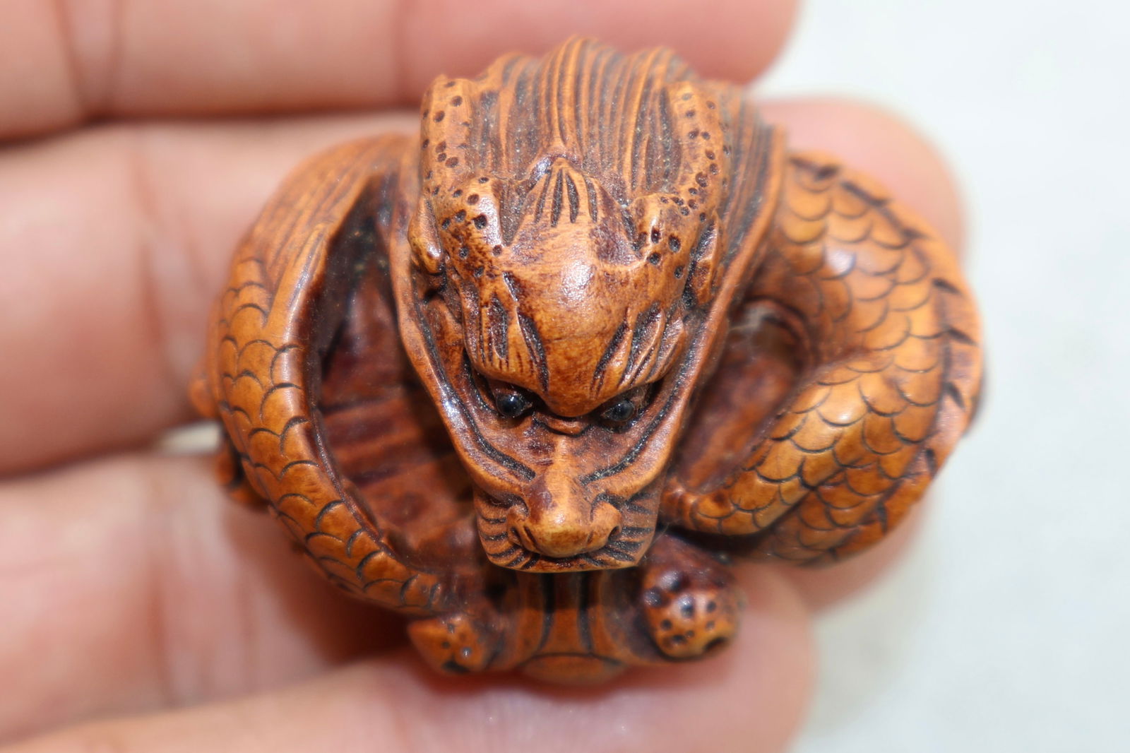 A Finely Carved Japanese Boxwood Dragon Netsuke (1 of 6)