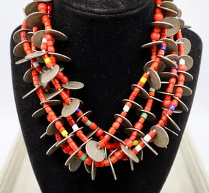 An Early 20th C Ecuadorian Beaded Coin Tribal Necklace