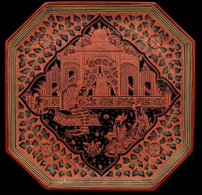 Antique Burmese Myanmar Lacquered & Carved Plate