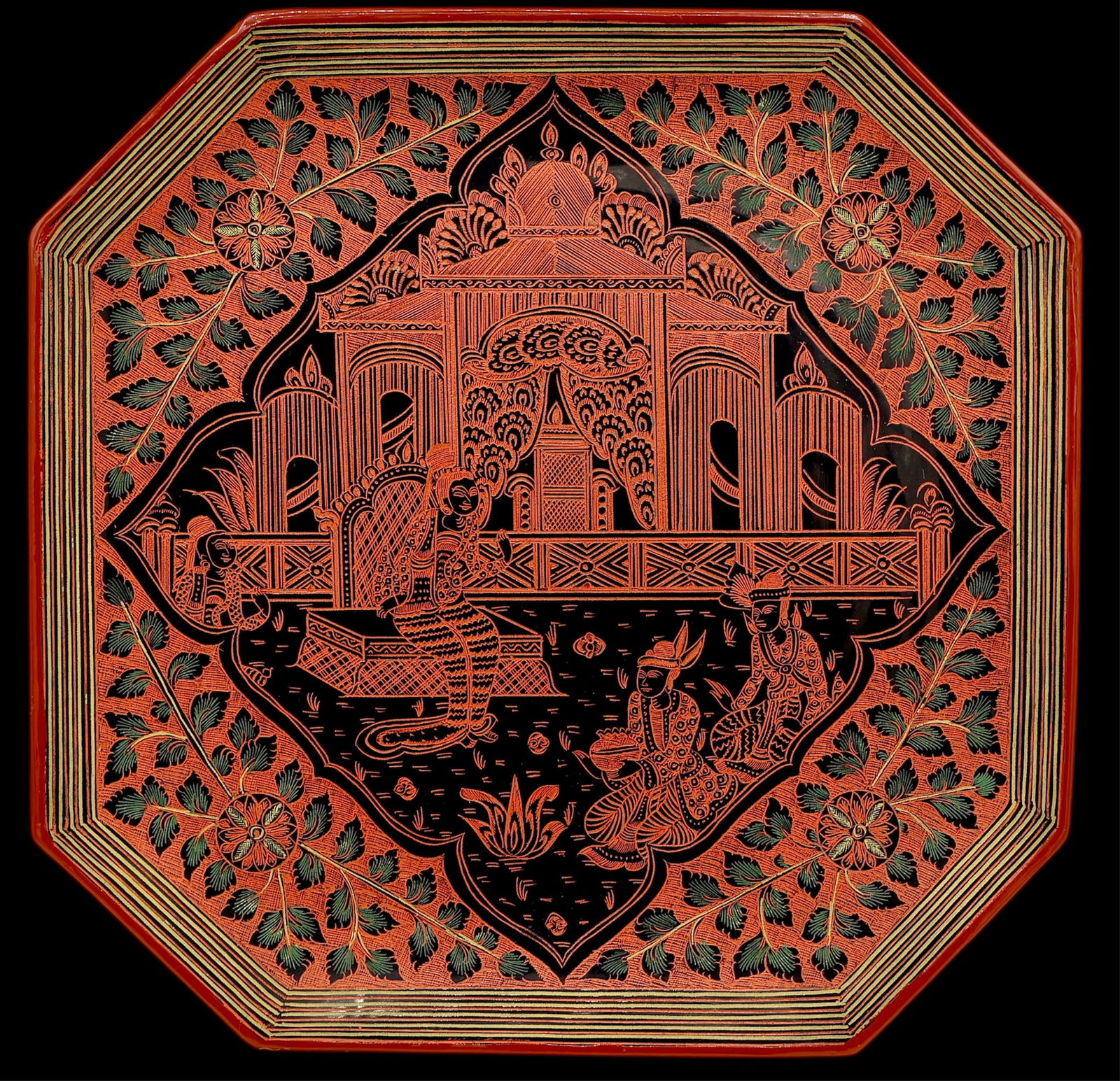 Antique Burmese Myanmar Lacquered & Carved Plate: Circa 19th Century. Very finely hand carved on the front and the back with royal figures depicting daily life. Finely lacquered.